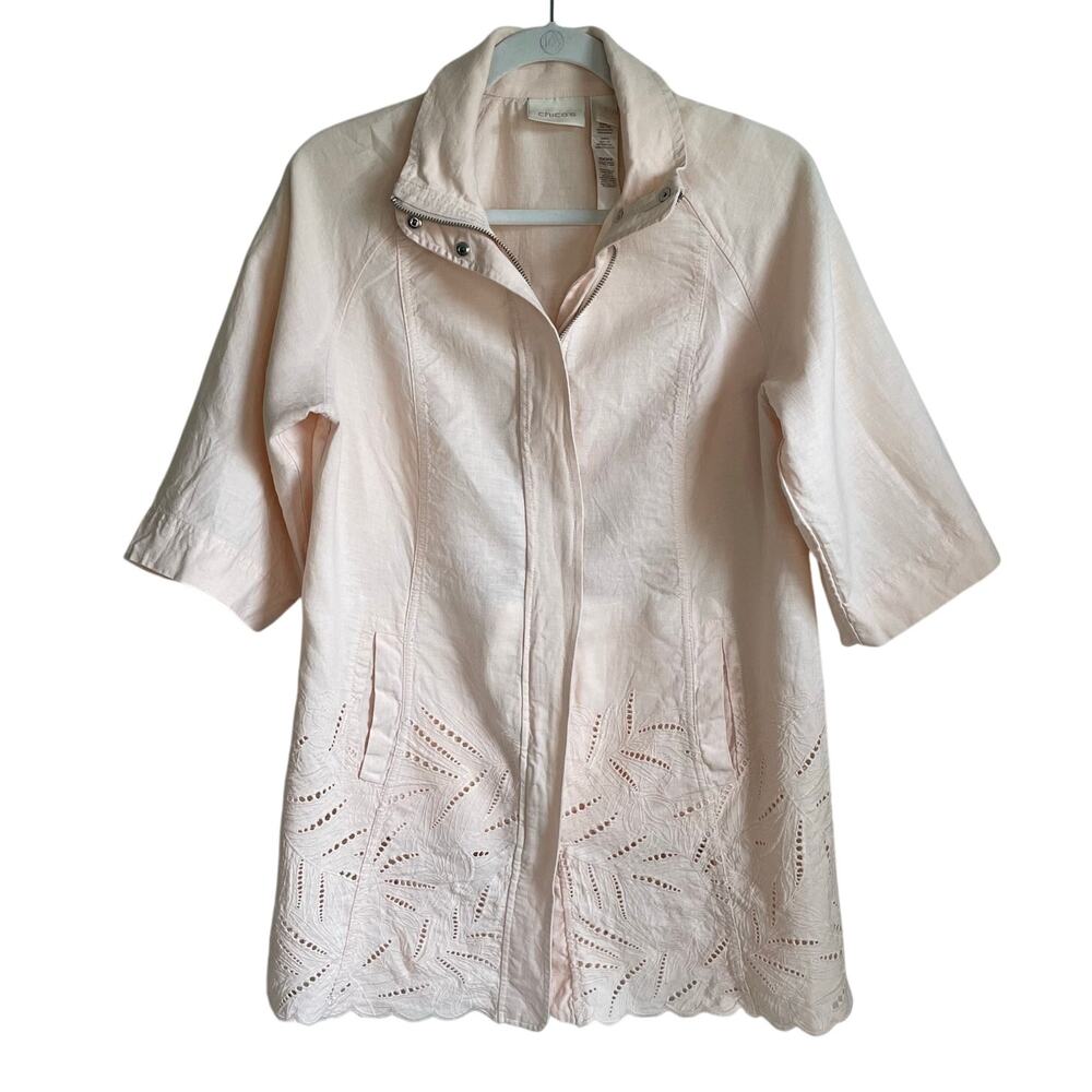 Chico’s 100% Linen Jacket Sz M Peach Eyelet Embroidered Zip Front Cottagecore